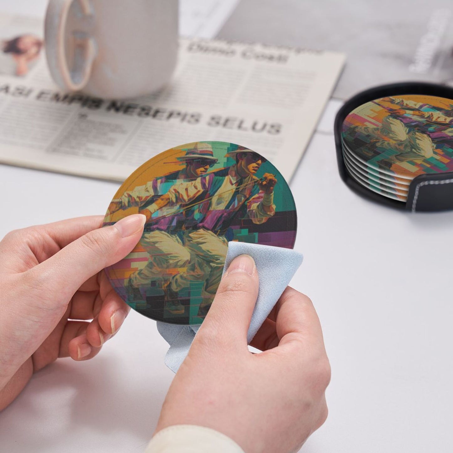 Trendy Retro Character - Printed Round Leather Coaster Set (6 - Piece + Storage Tray, Size 10cm×0.3cm )