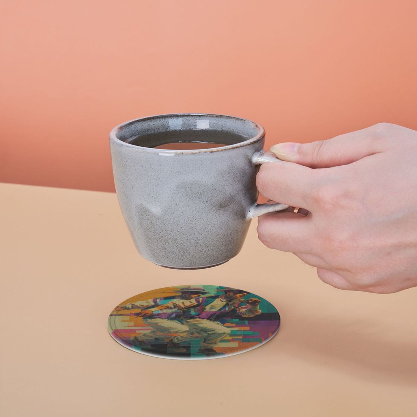 Trendy Retro Character - Printed Round Leather Coaster Set (6 - Piece + Storage Tray, Size 10cm×0.3cm )
