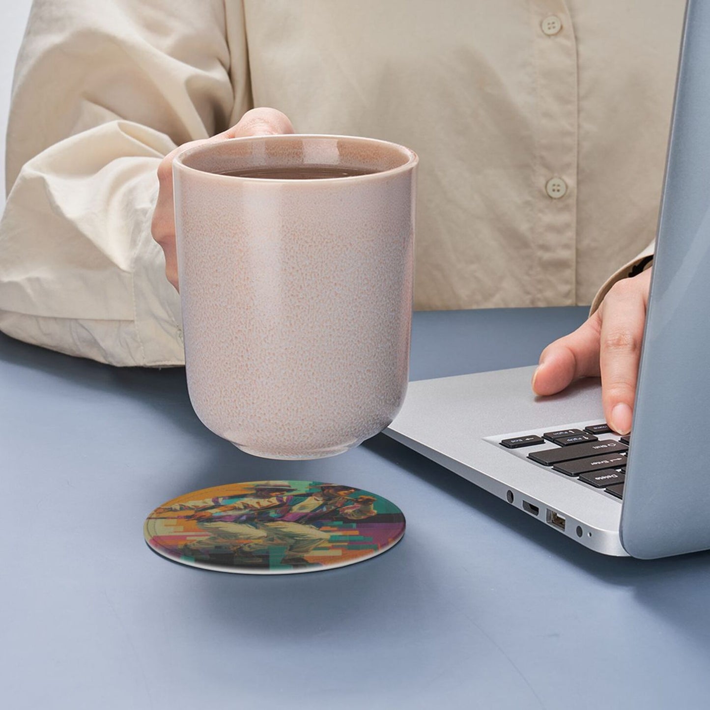 Trendy Retro Character - Printed Round Leather Coaster Set (6 - Piece + Storage Tray, Size 10cm×0.3cm )