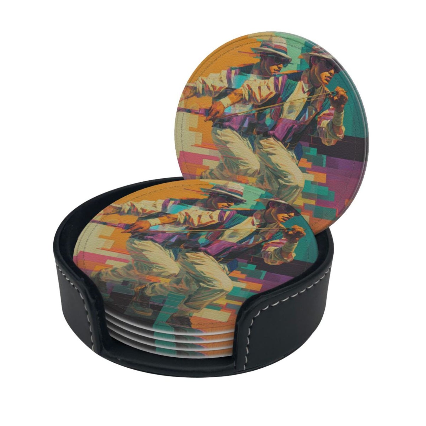 Trendy Retro Character - Printed Round Leather Coaster Set (6 - Piece + Storage Tray, Size 10cm×0.3cm )