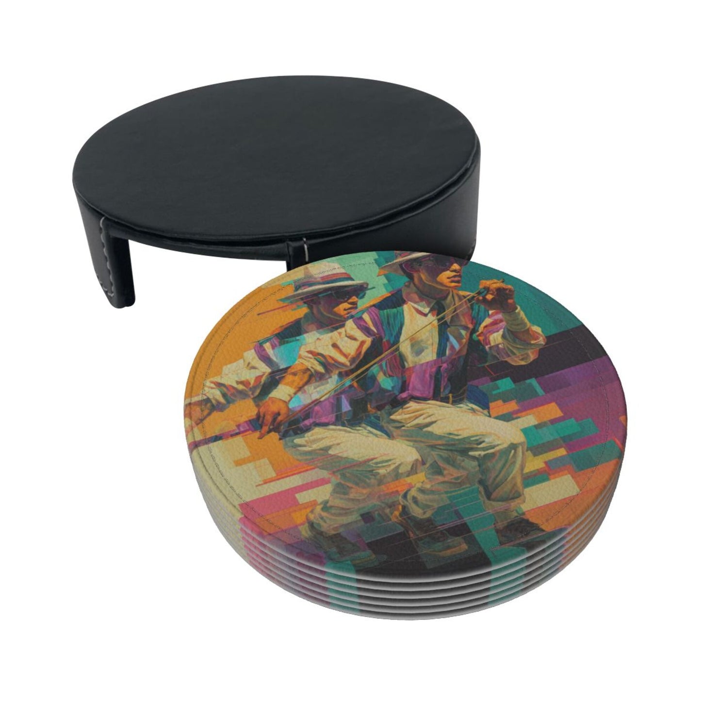 Trendy Retro Character - Printed Round Leather Coaster Set (6 - Piece + Storage Tray, Size 10cm×0.3cm )
