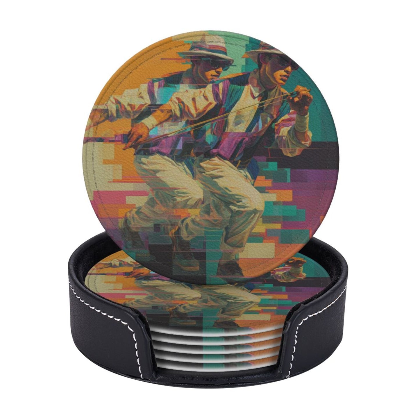 Trendy Retro Character - Printed Round Leather Coaster Set (6 - Piece + Storage Tray, Size 10cm×0.3cm )
