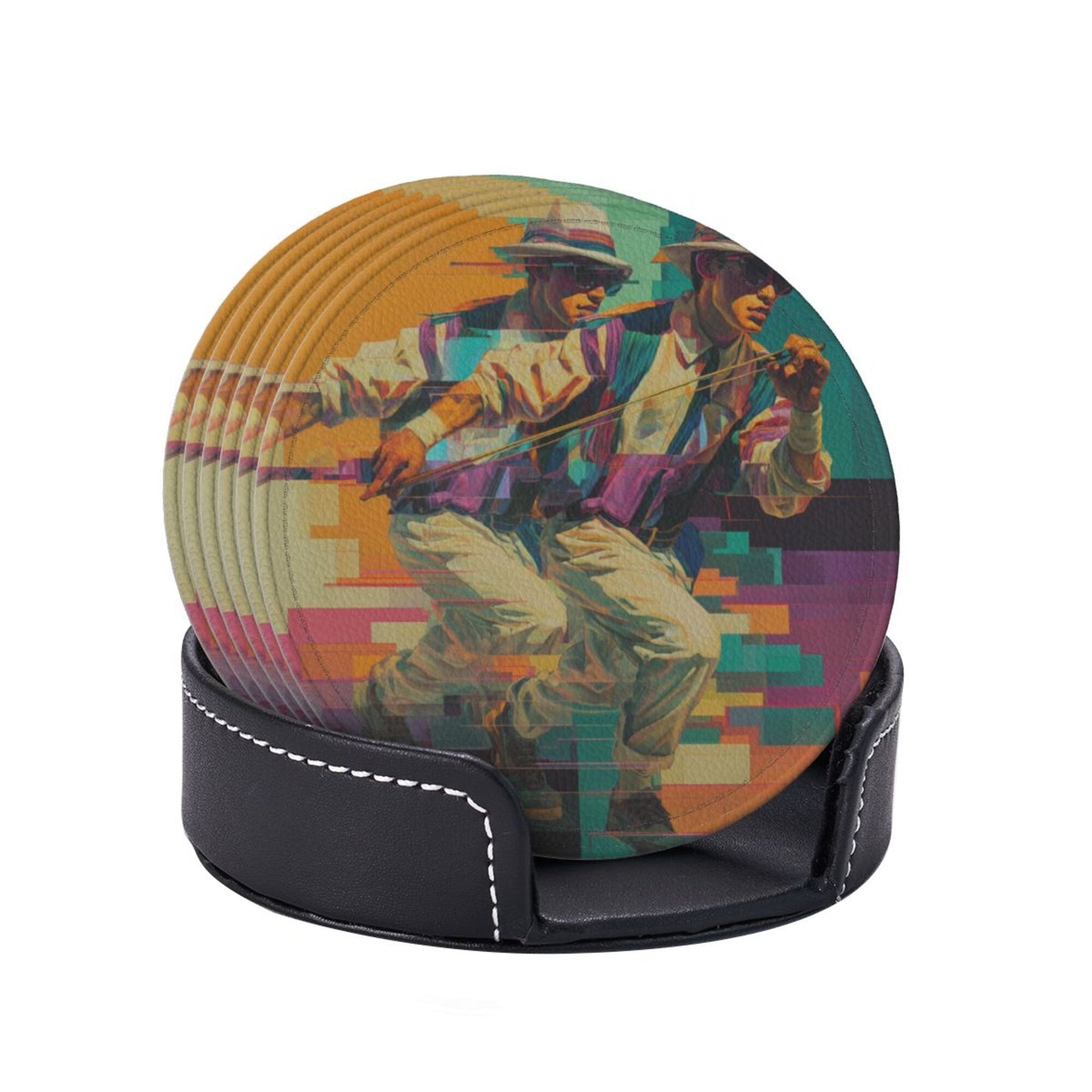 Trendy Retro Character - Printed Round Leather Coaster Set (6 - Piece + Storage Tray, Size 10cm×0.3cm )