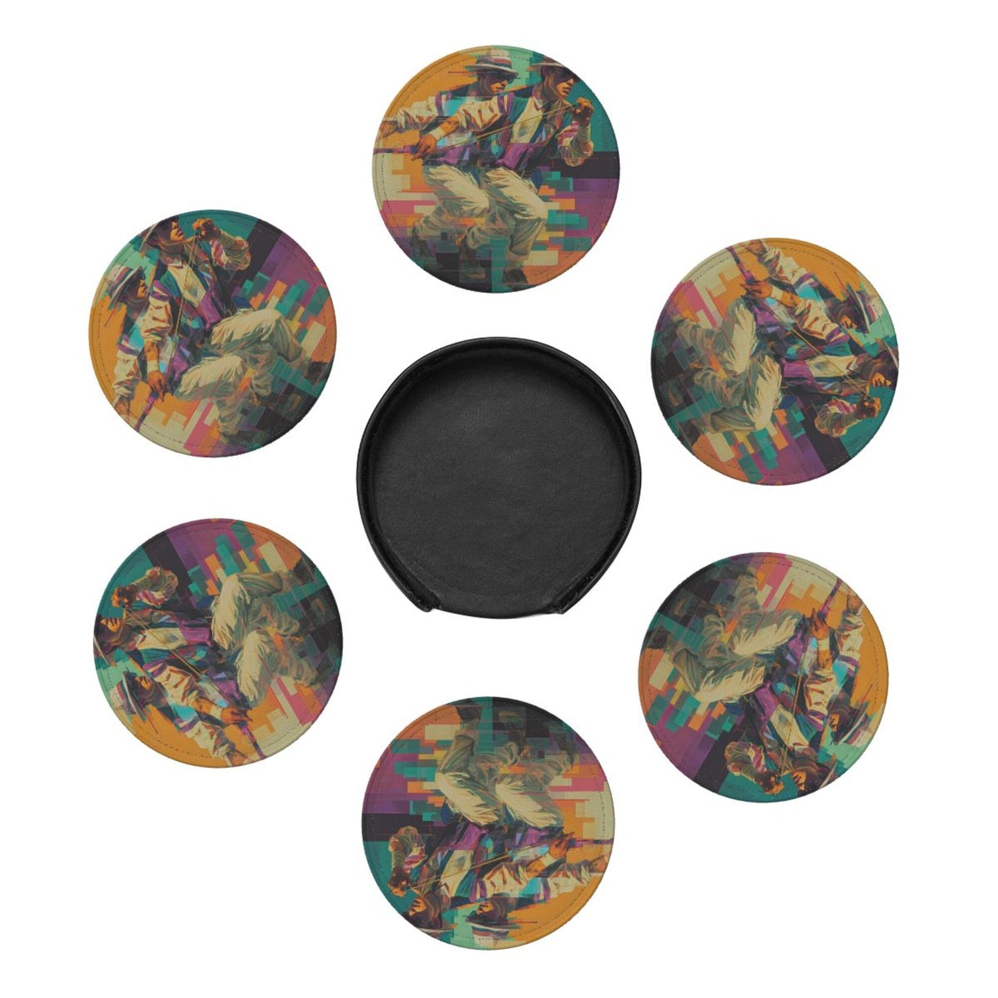 Trendy Retro Character - Printed Round Leather Coaster Set (6 - Piece + Storage Tray, Size 10cm×0.3cm )